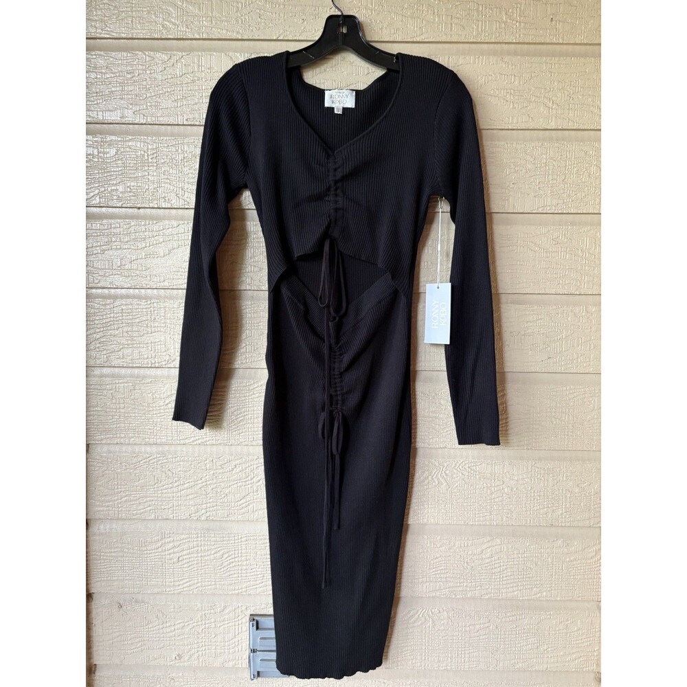 Torn by Ronny Kobo women Black Peekaboo Knit Knee Length Sweater Dress sze Small